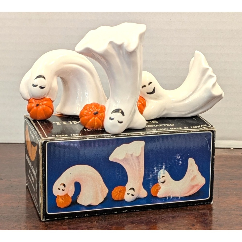 Vintage JSNY Halloween Tumbling Ghosts Set 3 Ceramic Figurines Pumpkins Box 8344